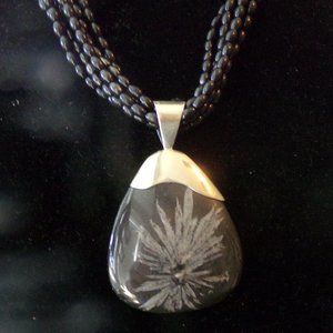 Jay King Mine Finds SS Chrysanthemum Pendant On 6 strand 20" Black Bead Necklace